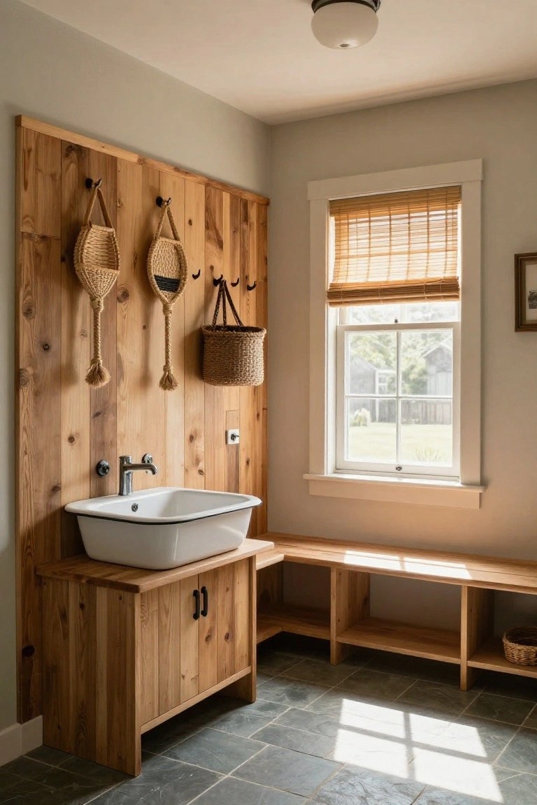 Mudroom interior with a tall wooden plank accent wall holding hooks and hanging woven baskets, a white farmhouse sink on wooden cabinetry, built-in bench with shelves, slate floor tiles, and window with bamboo shade.