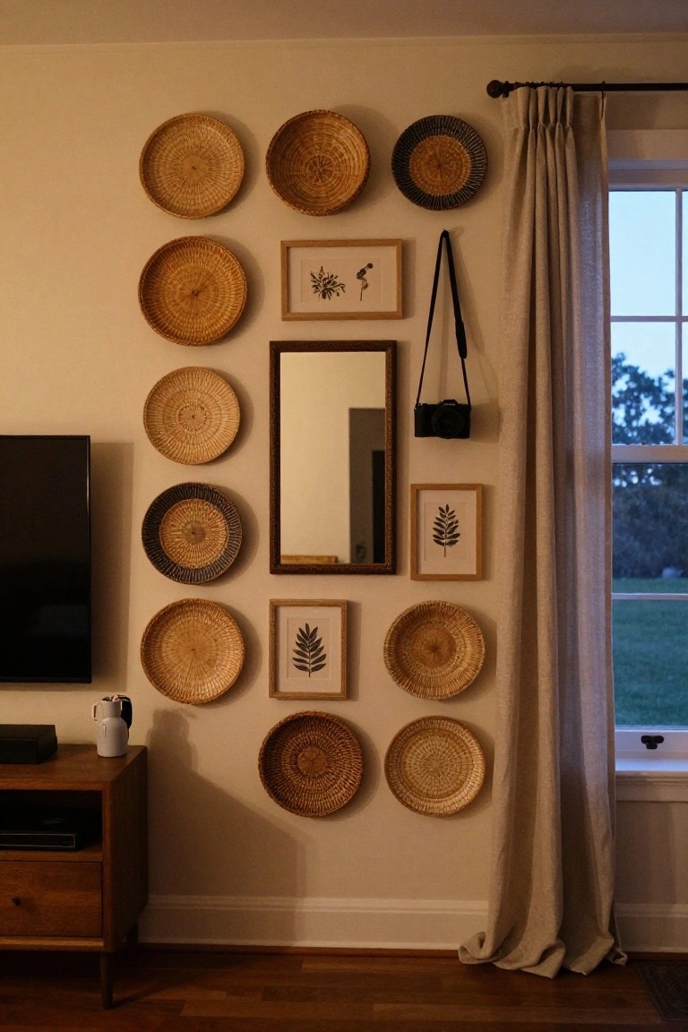 A living room wall displays multiple woven baskets in various sizes and colors arranged in a vertical gallery style with framed botanical prints, a small round mirror, and a black TV mounted below beside a wooden media console and window with sheer curtain.