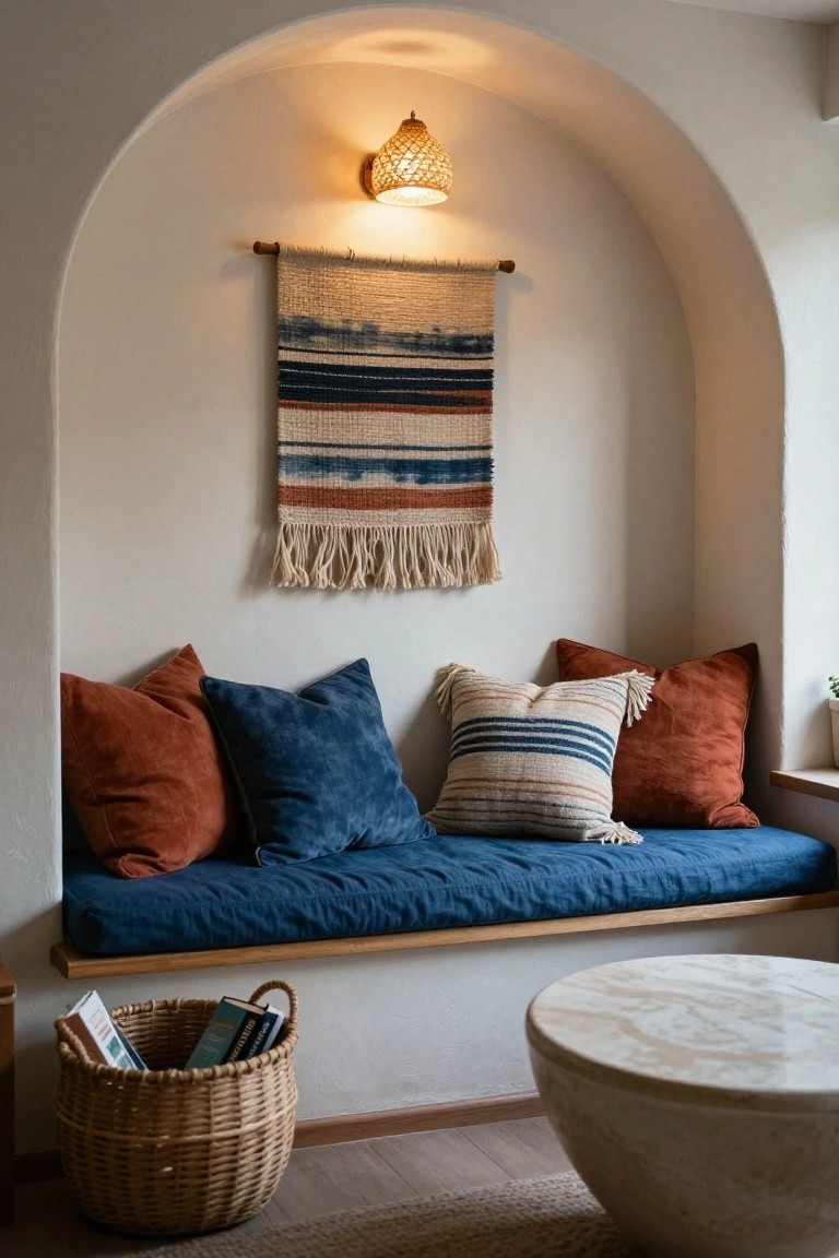 Arched indoor wall niche with woven striped tapestry hanging on wooden rod, blue cushioned bench seat piled with colorful pillows, wicker basket holding books nearby, and round white stone side table on wood floor.