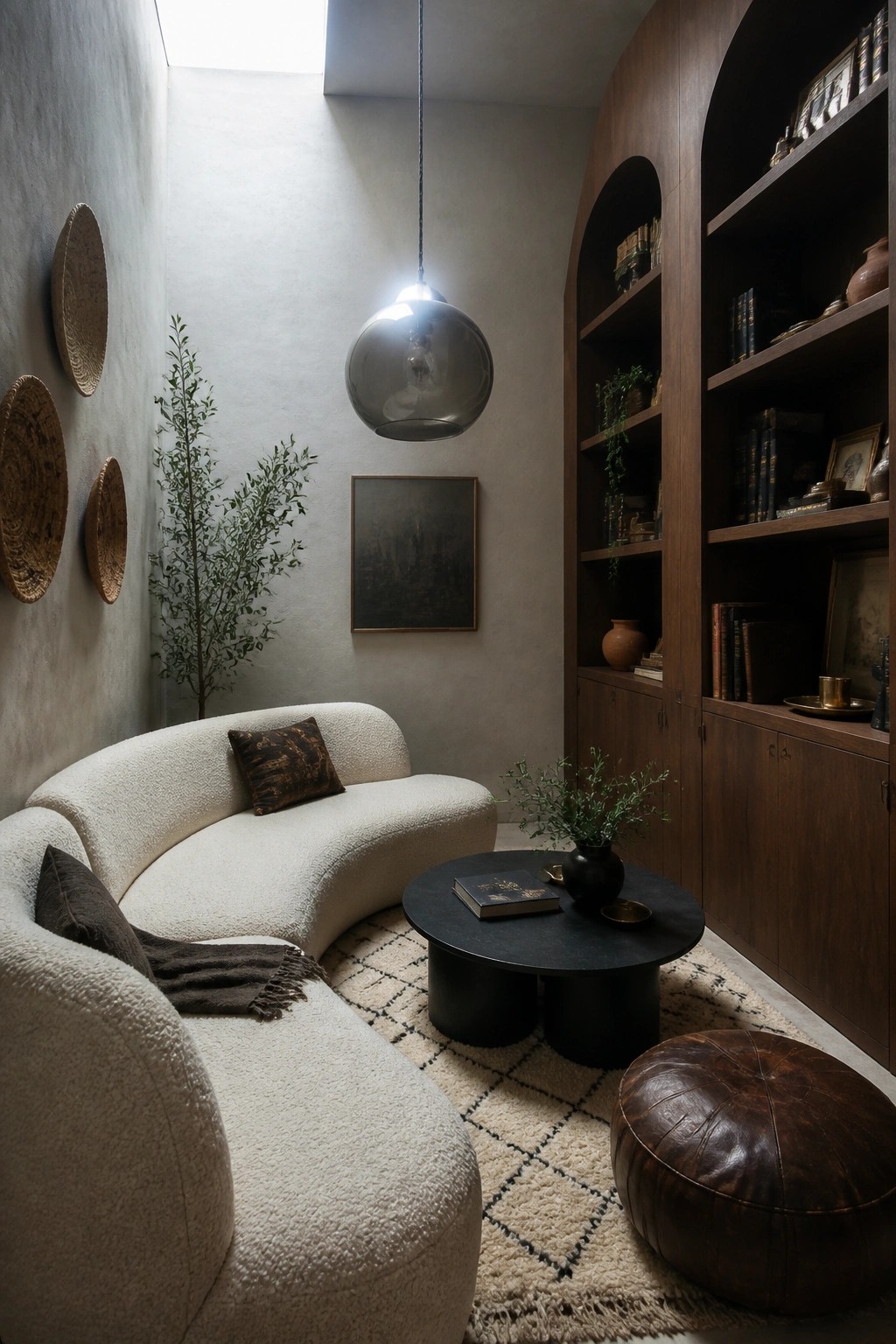 A small living room features a white curved boucle sofa, round black coffee table, brown leather pouf, and tall dark wood arched built-in bookshelves under a glass pendant light.