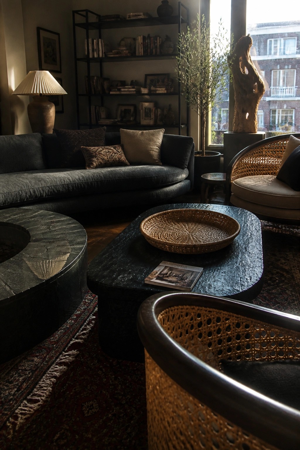 A dark living room featuring a large curved sofa, two round stone coffee tables, woven rattan chairs, and a tall black bookshelf against the wall.