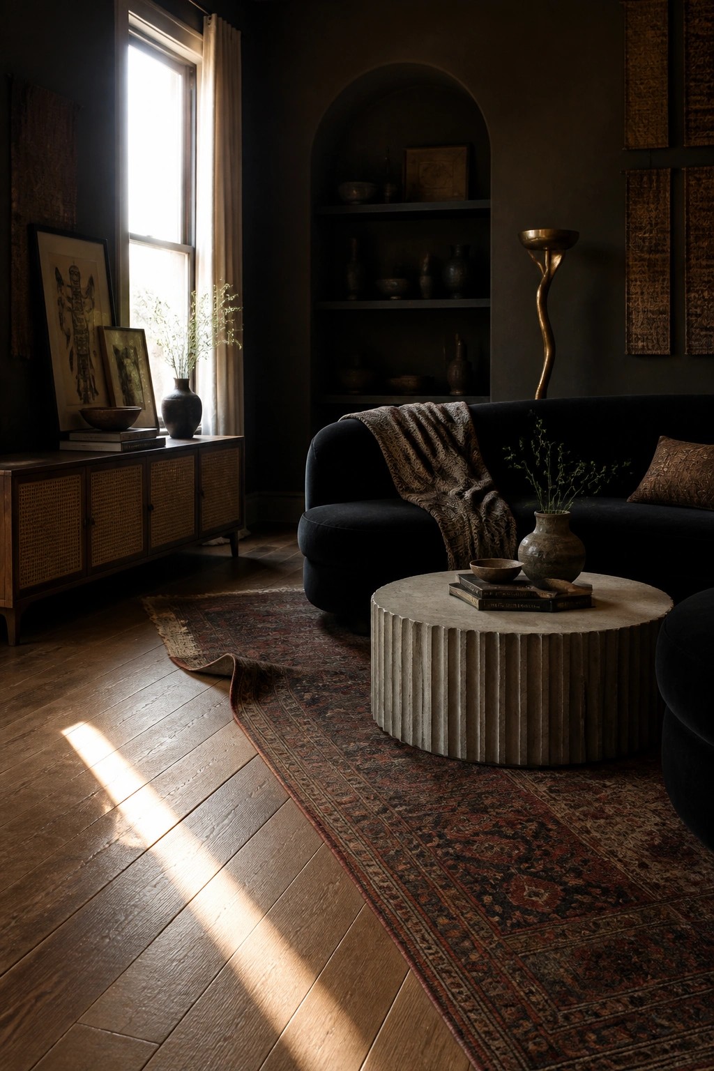 A dark living room features a curved black sofa, a round fluted coffee table, and layered patterned rugs on wood flooring with natural light from a window.