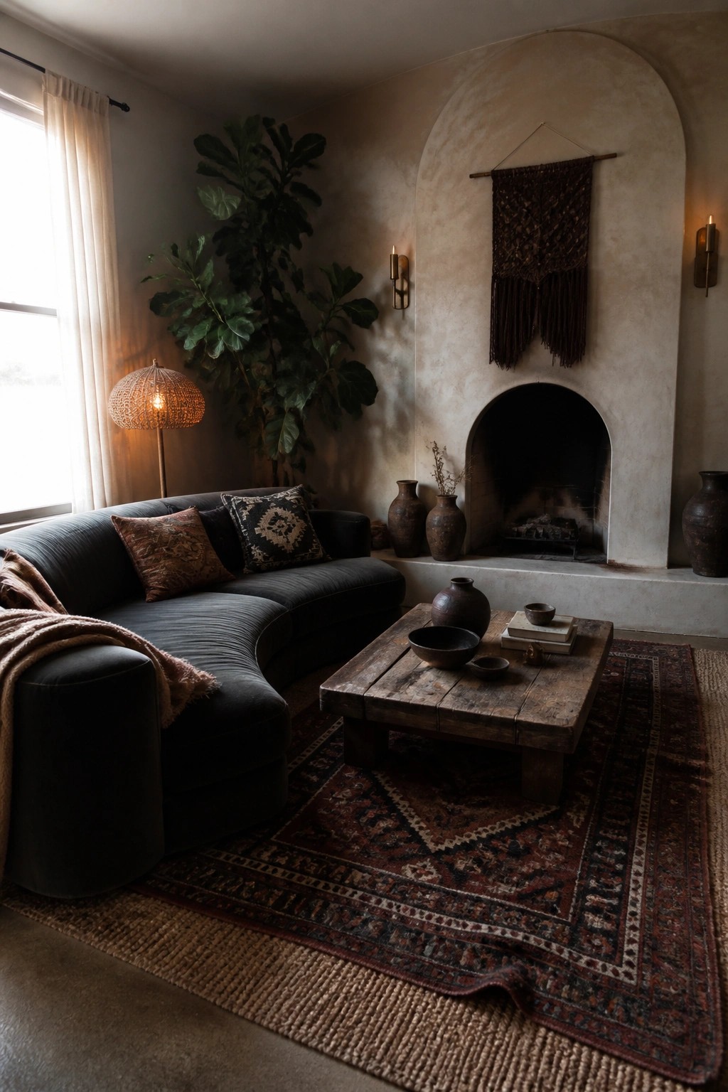 A living room featuring a dark curved sectional sofa, a rustic wooden coffee table on a patterned rug, and an arched fireplace with macrame wall hanging.
