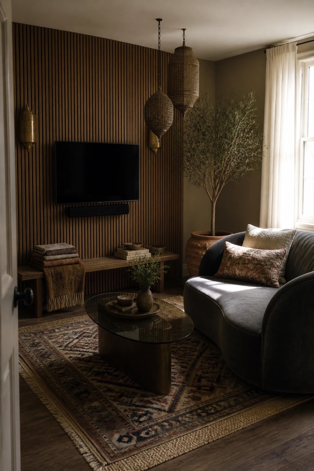 A living room with a dark curved sofa on a patterned rug, a wood slat accent wall with mounted TV, woven pendant lights, and a potted tree near a window.