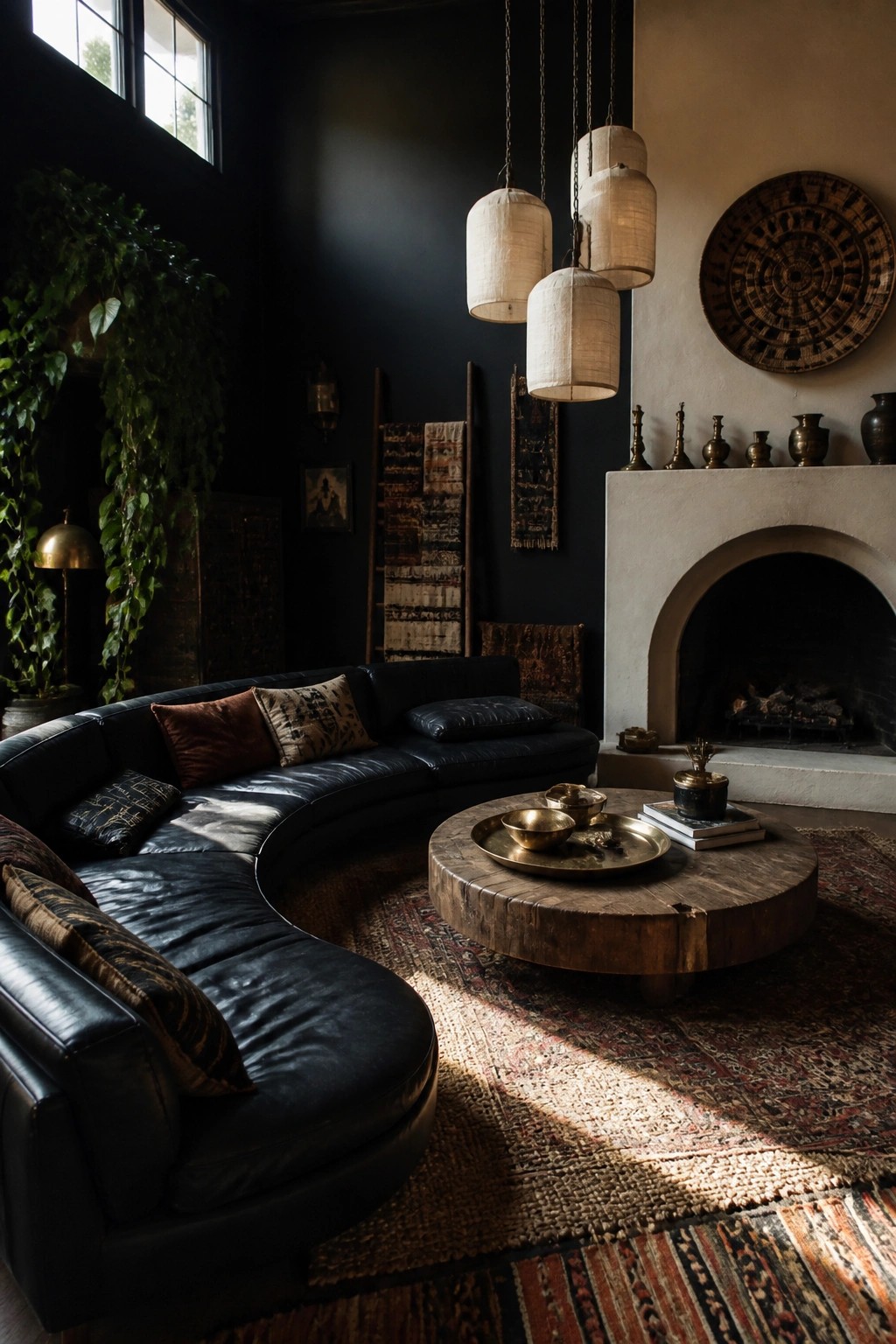 A dark living room with a large curved black leather sofa, round wooden coffee table on a patterned rug, hanging fabric pendant lights, and a fireplace with a woven wall hanging above it.