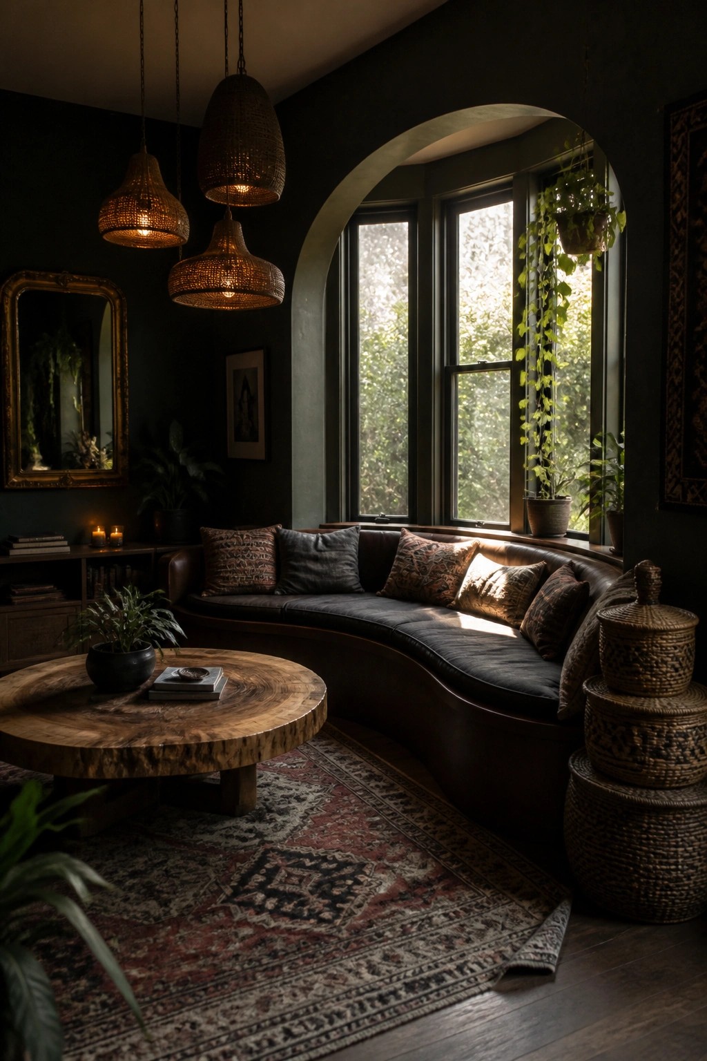 A dark boho living room with a large curved sofa beneath arched windows, woven pendant lights overhead, a round wood coffee table, and potted plants on a patterned rug.