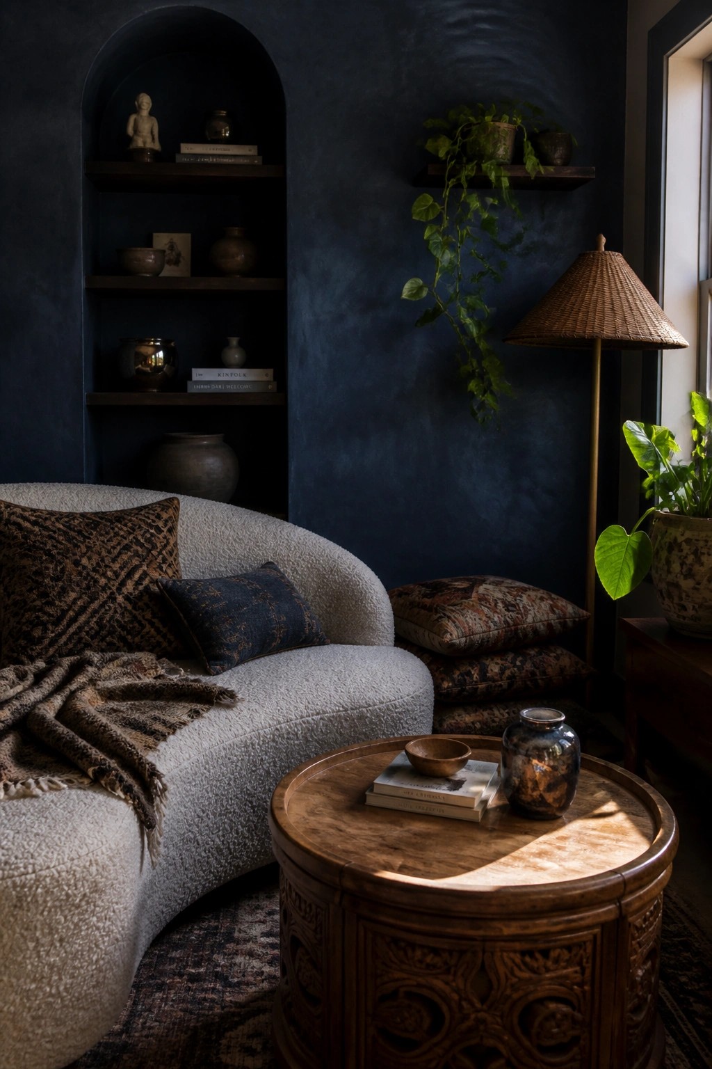 A living room with dark blue walls shows a curved white sofa, round wooden coffee table, and built-in shelves with books and decor.