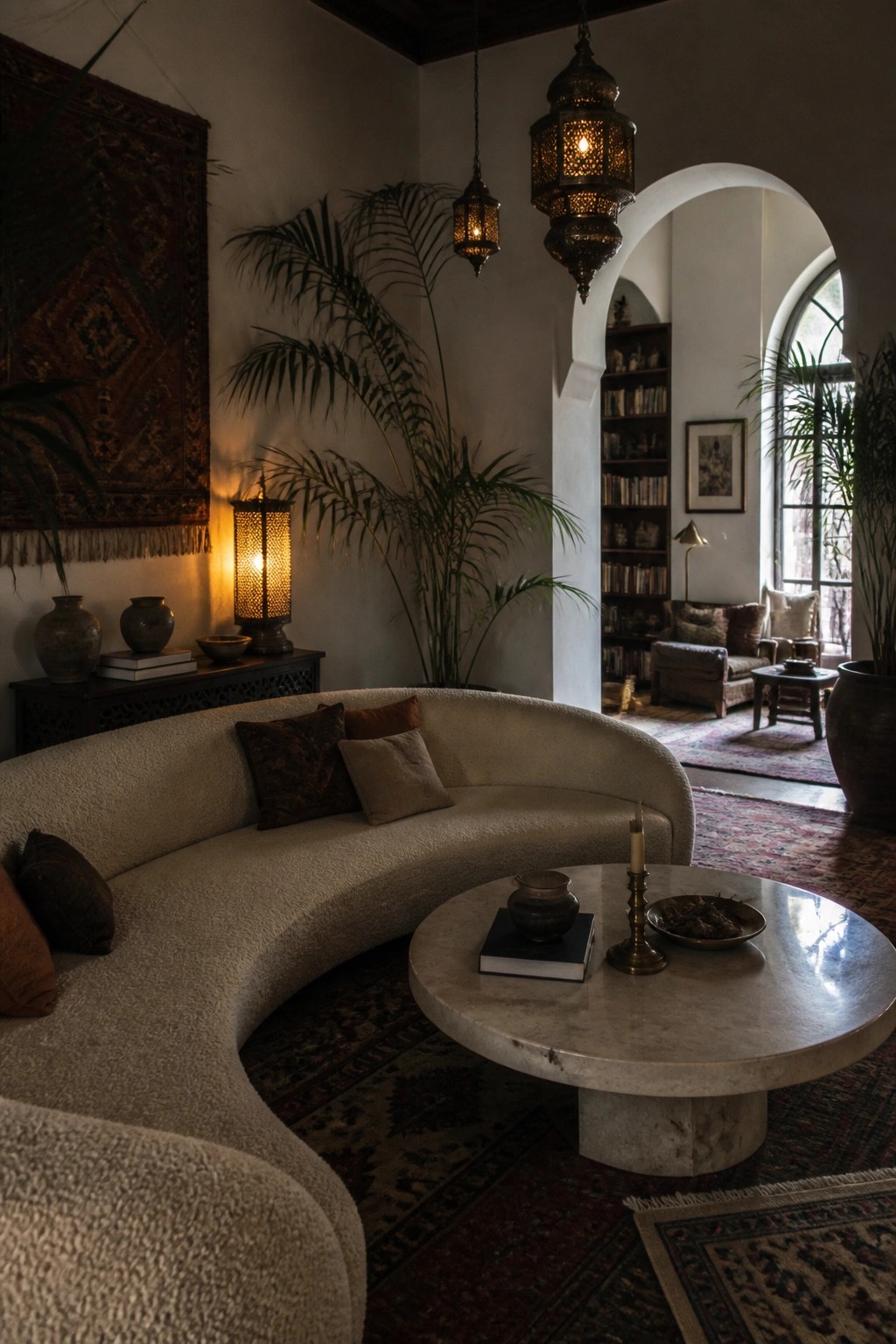 A curved off-white sofa sits in a living room with a round marble coffee table, ornate hanging lanterns, patterned rugs, wall tapestry, and potted palm plants.