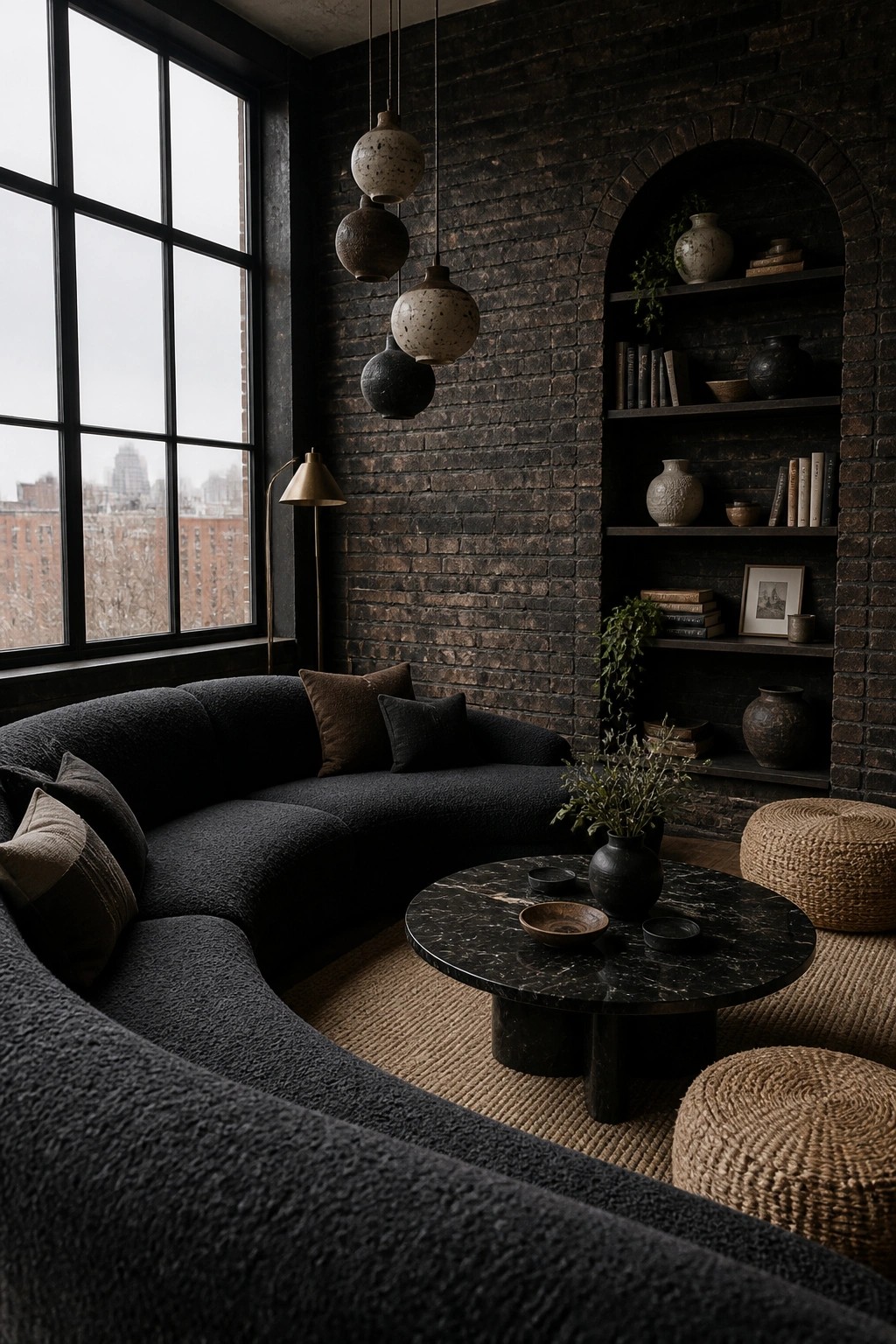 A large dark curved sofa faces a round marble coffee table in a room with exposed brick walls, arched built-in shelves, hanging ceramic lights, and woven floor poufs.