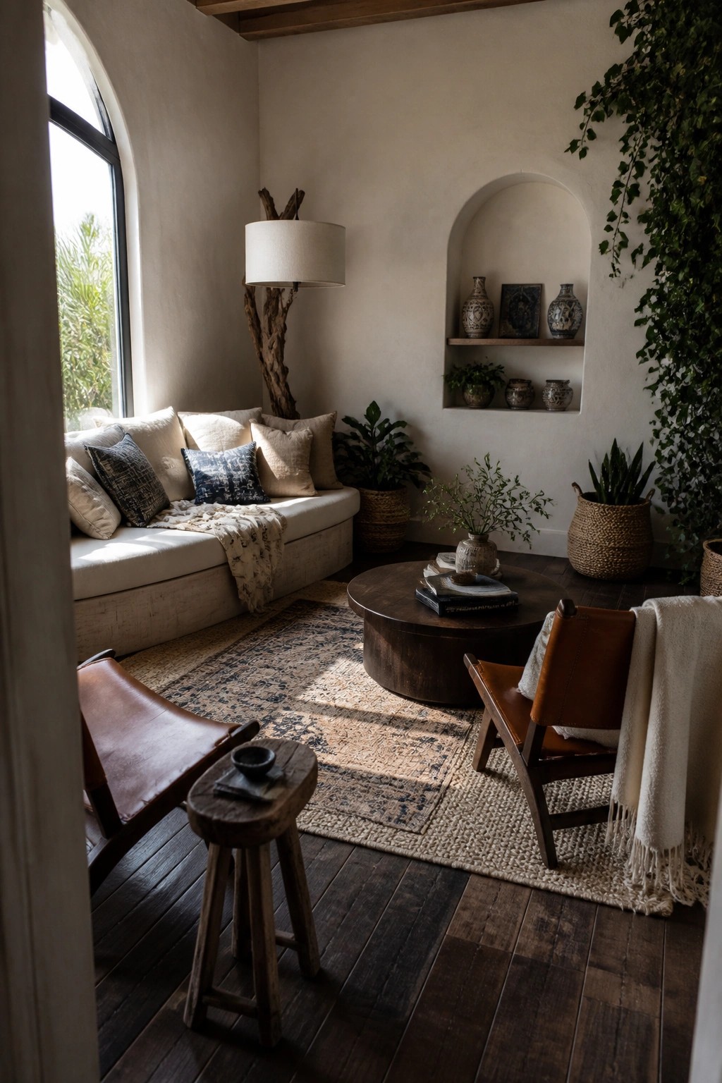 A living room featuring a curved white sectional sofa, round dark wood coffee table, two leather sling chairs, and a patterned area rug on dark wood floors.