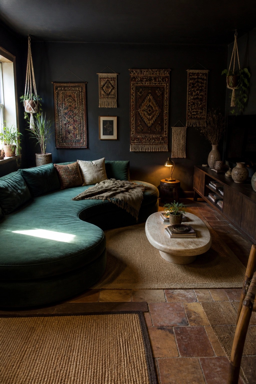 A dark-walled living room with a large curved green velvet sofa, woven wall hangings, a round marble coffee table, and terracotta tile flooring.