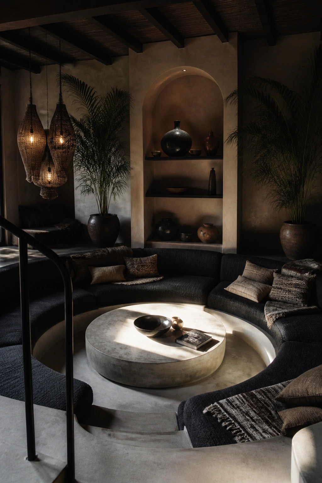A dark curved sectional sofa surrounds a round concrete coffee table in a dimly lit living room with built-in arched shelving, pottery, and large potted plants.