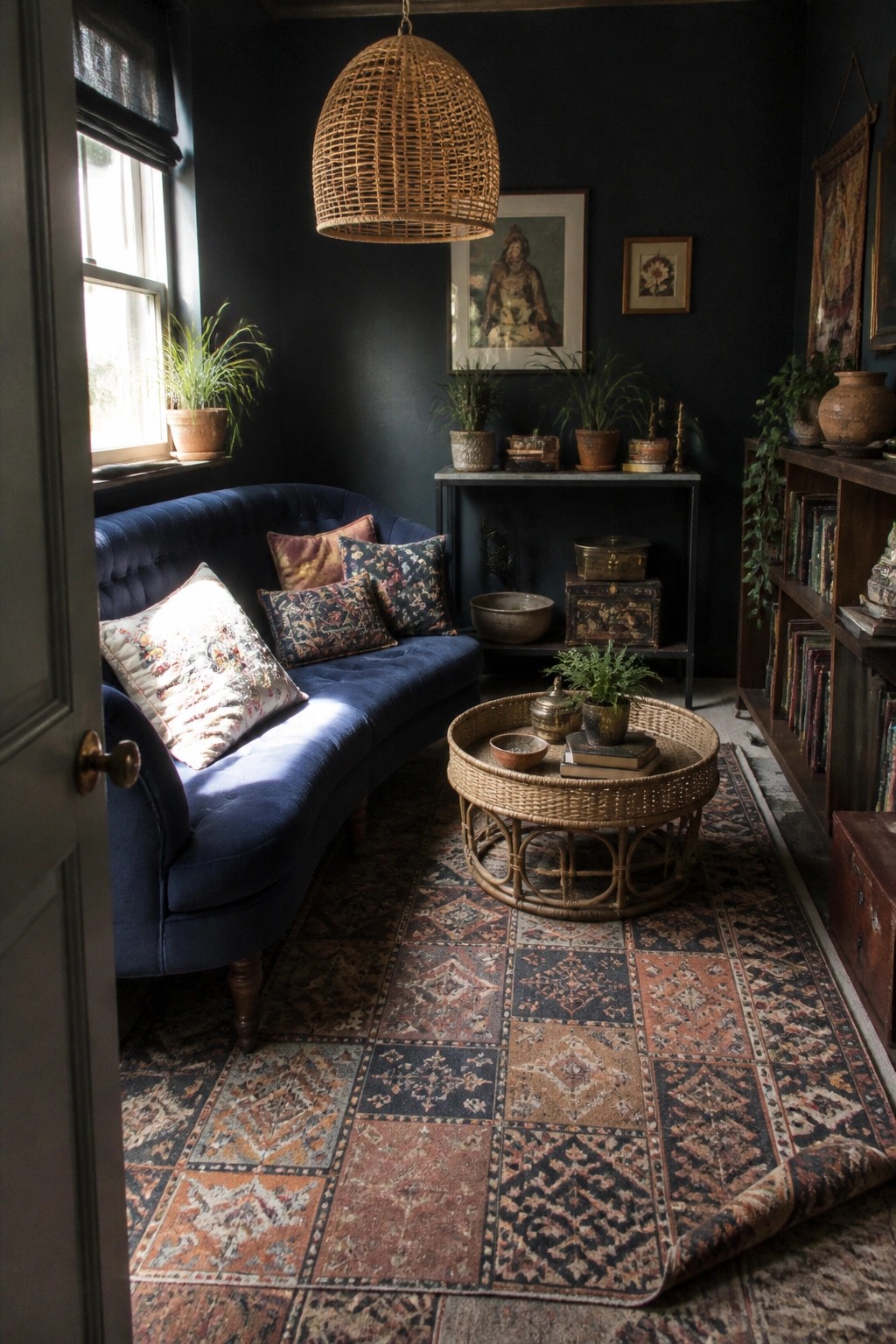 A dark living room featuring a curved blue sofa, a round wicker coffee table on a patterned rug, a woven pendant light, and potted plants along the walls.