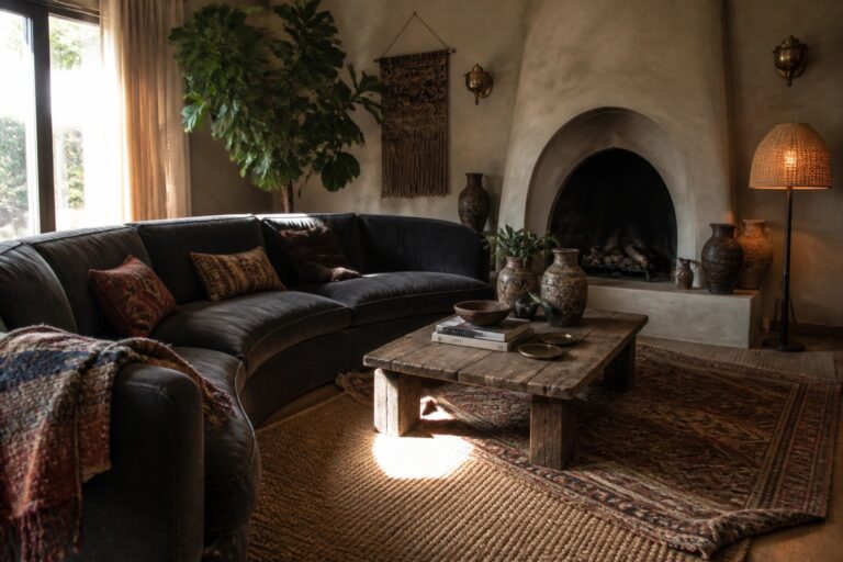 18 Chic Dark Boho Living Room Ideas Styled Around Curved Furniture A living room featuring a dark curved sectional sofa, a rustic wooden coffee table on a patterned rug, and an arched fireplace with macrame wall hanging.