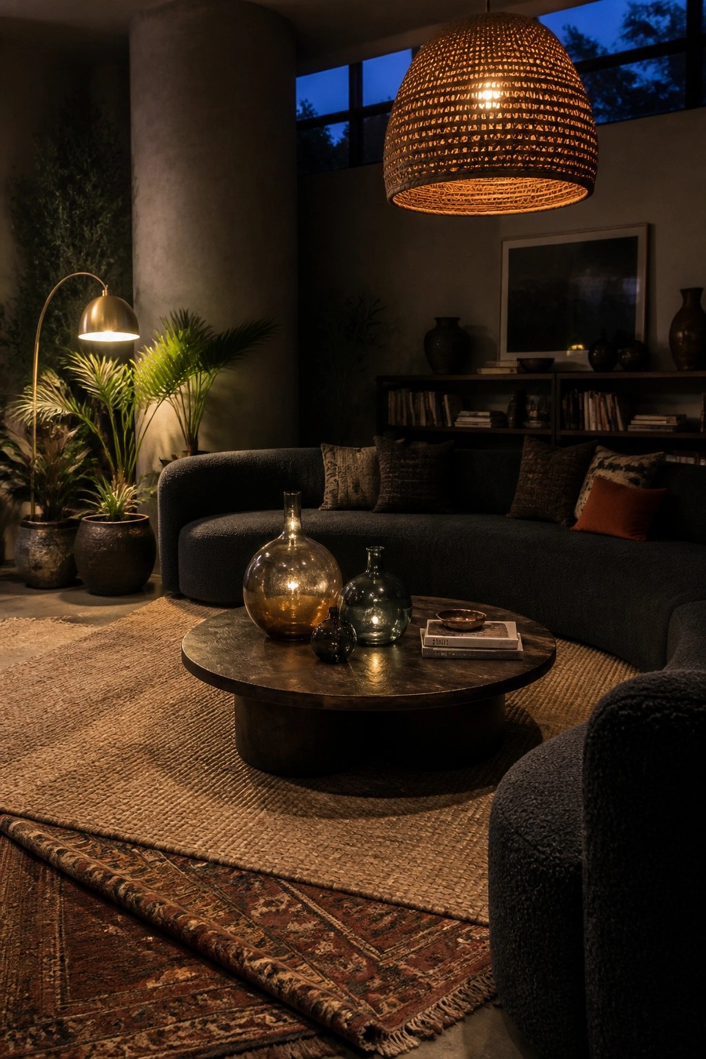 Cozy modern lounge with curved sofa, woven pendant light, round table, and layered rugs.