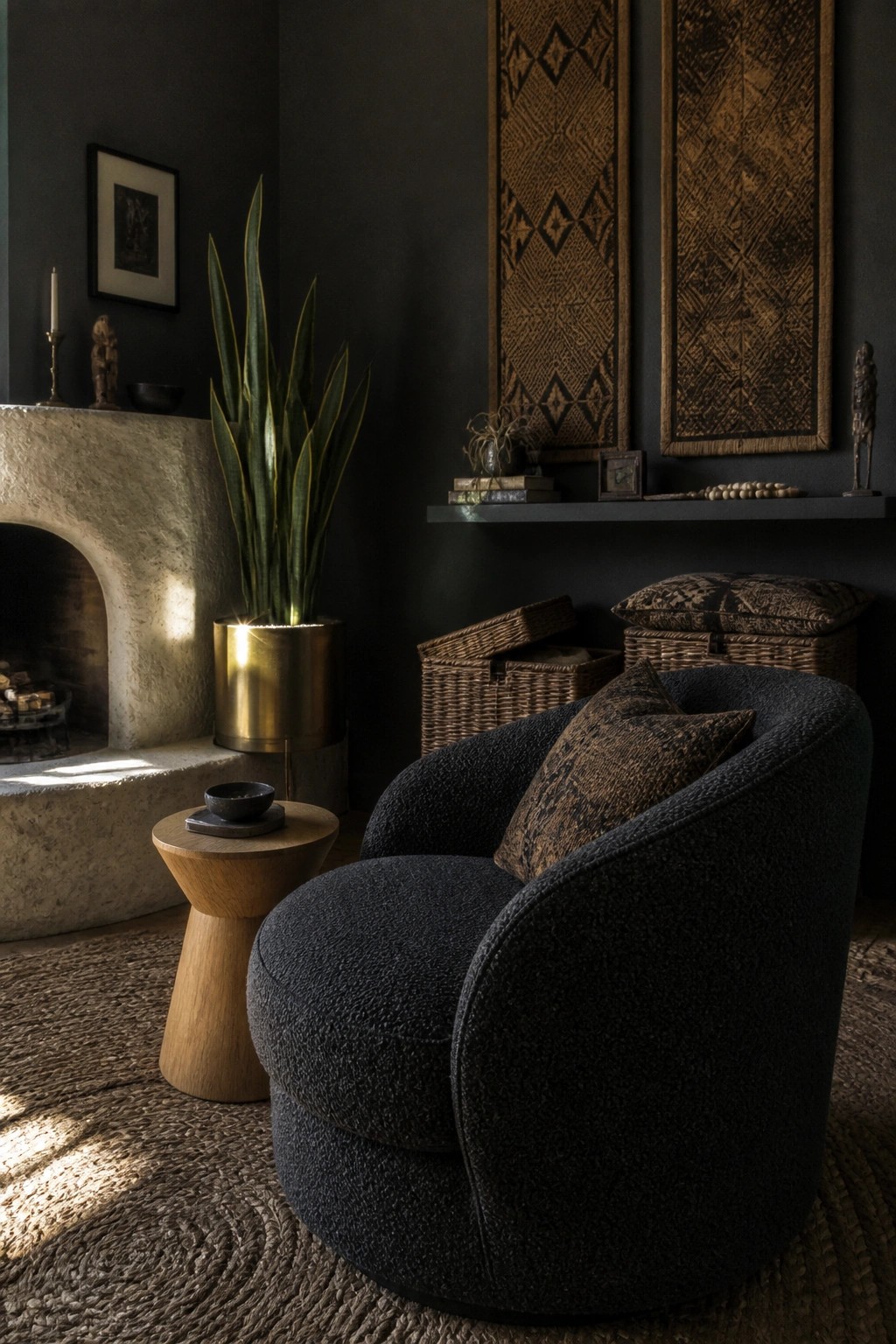 A dark living room with a curved upholstered armchair, wooden side table, potted plant, and woven wall hangings on charcoal walls.
