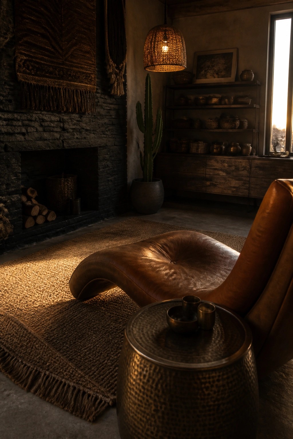 A brown leather curved chaise lounge rests on a fringed woven rug in a dimly lit room with a dark stone fireplace and woven wall hanging.