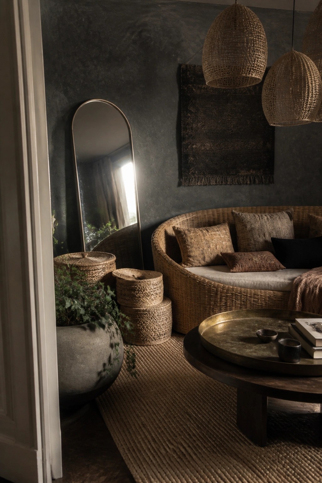 Dark bohemian room with curved wicker sofa, arched mirror, woven pendants, and rug.