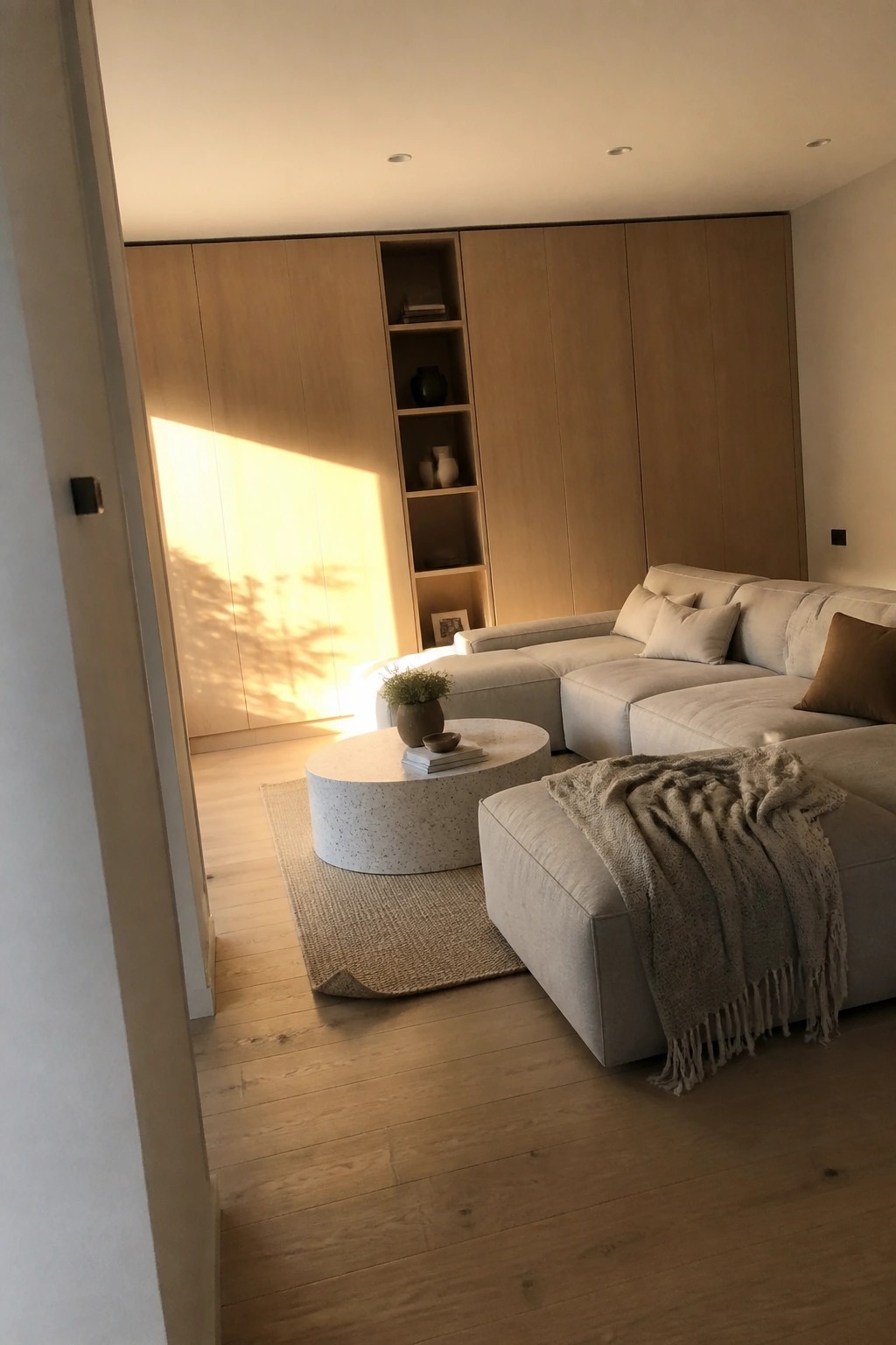 Light wood built-in cabinetry with closed doors and a few open shelves lines the wall behind a light gray sectional sofa and round coffee table in a minimalist living room.