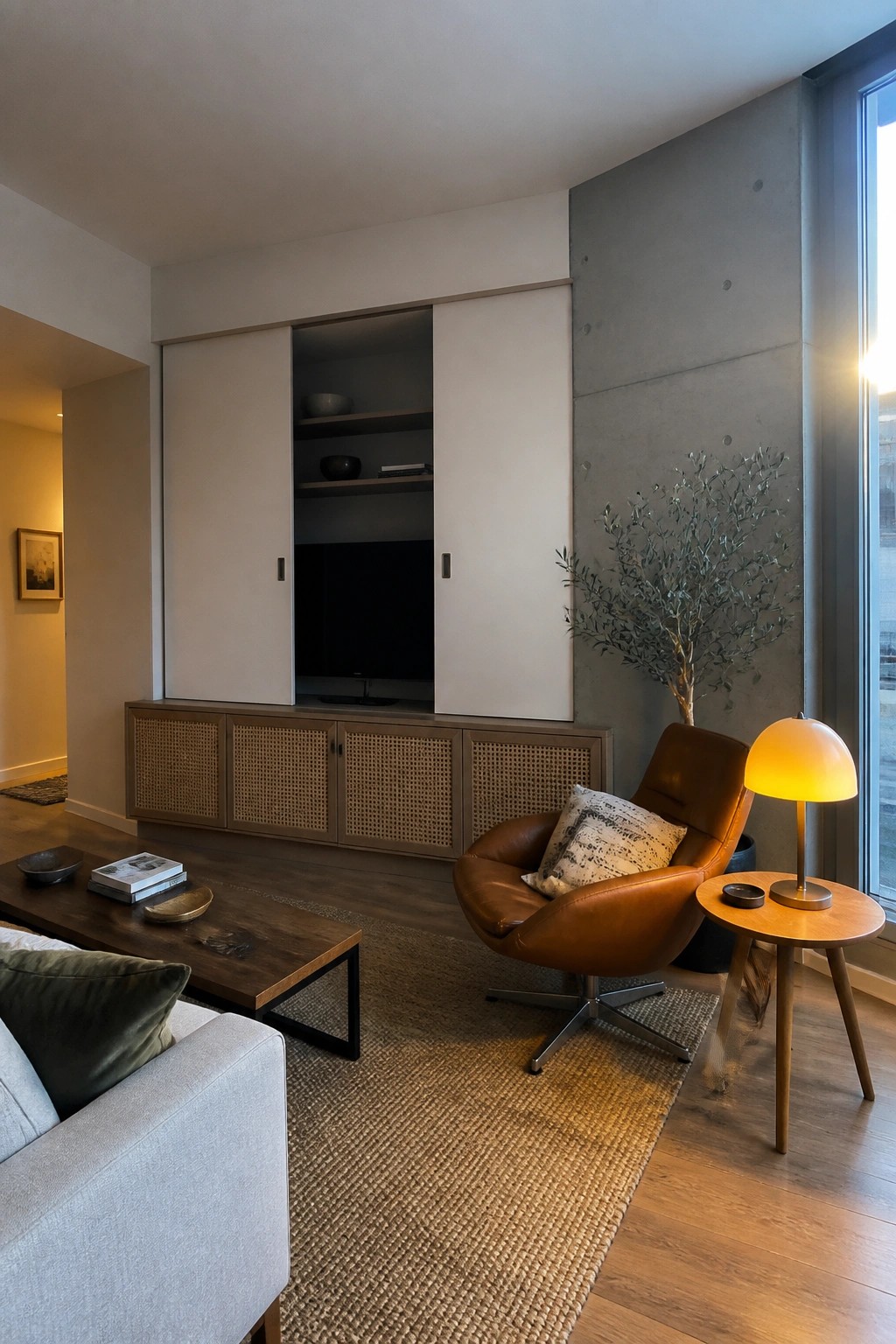 A modern living room featuring built-in white sliding cabinet doors above a low wooden console with woven cane doors, a brown leather swivel chair, a wooden coffee table, and a woven rug on hardwood flooring.