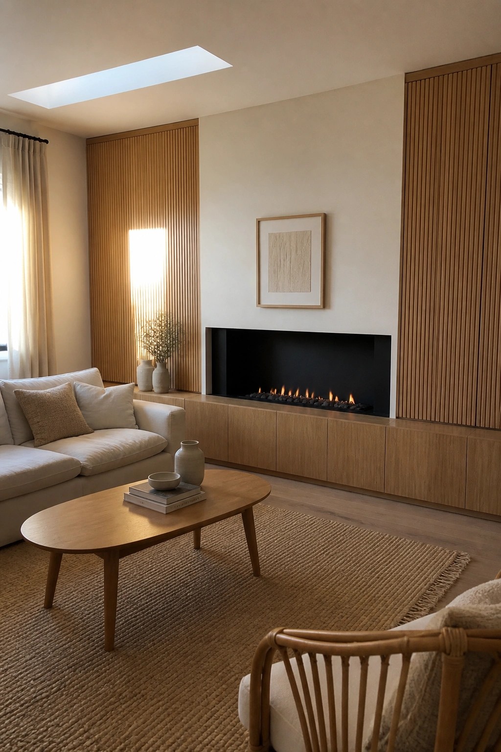 A living room featuring a built-in fireplace with surrounding light wood cabinets and vertical wood slat panels, a white sofa, oval wooden coffee table on a jute rug, and a skylight overhead.