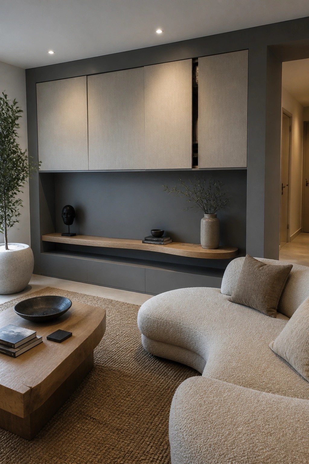 A living room with a large built-in wall unit of light upper cabinets above a dark recessed section containing a long wooden floating shelf with minimal decor, next to a curved beige sofa and wooden coffee table on a jute rug.