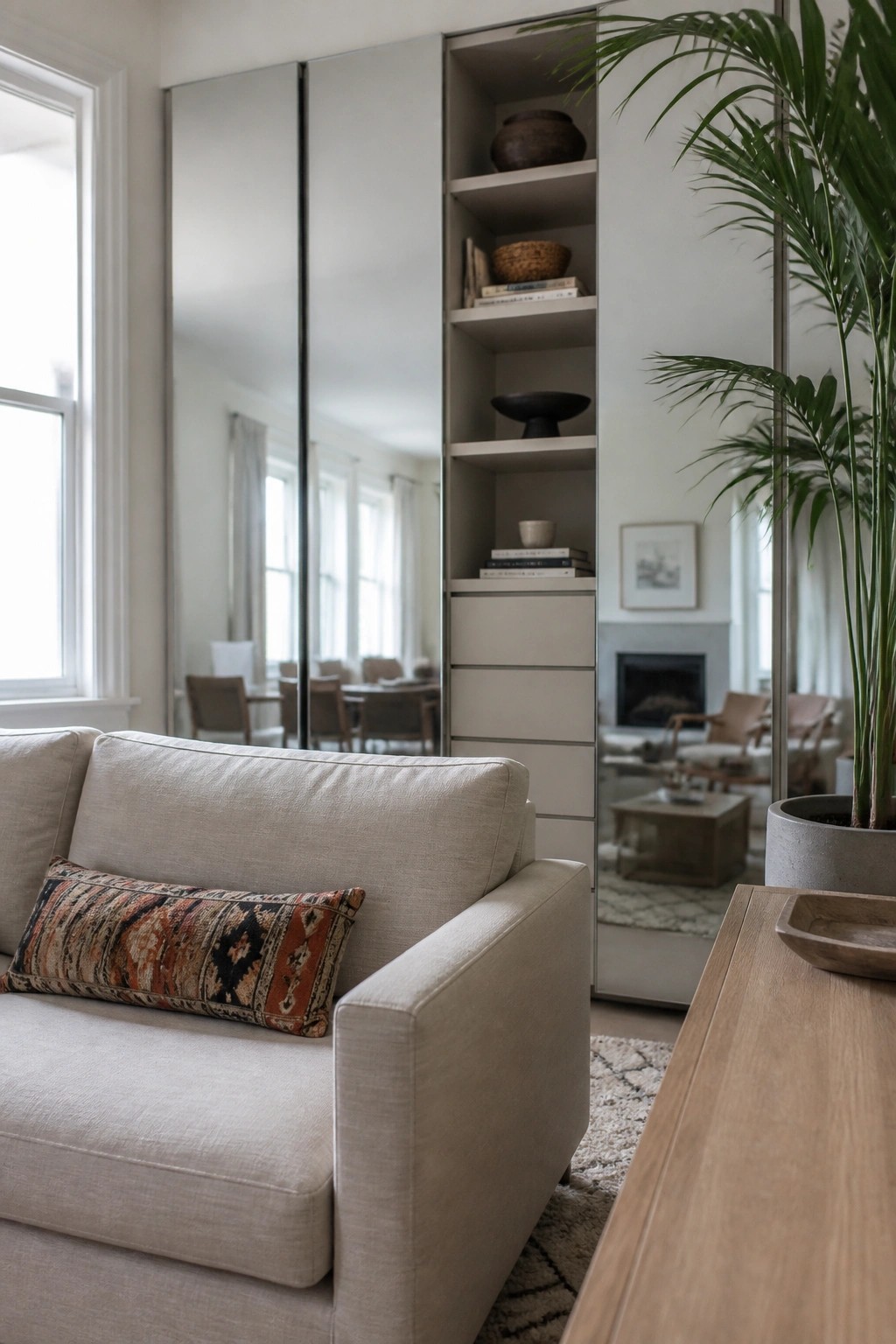 A beige sofa with a patterned pillow faces a built-in wall unit featuring open shelves, closed drawers, and mirrored doors in a light-toned living room.