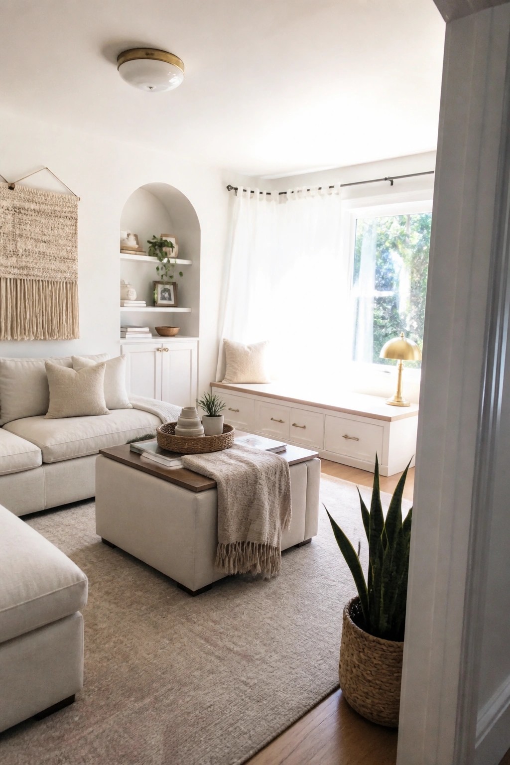 Bright neutral living room with beige sofa, ottoman, window seat, and arched shelves.
