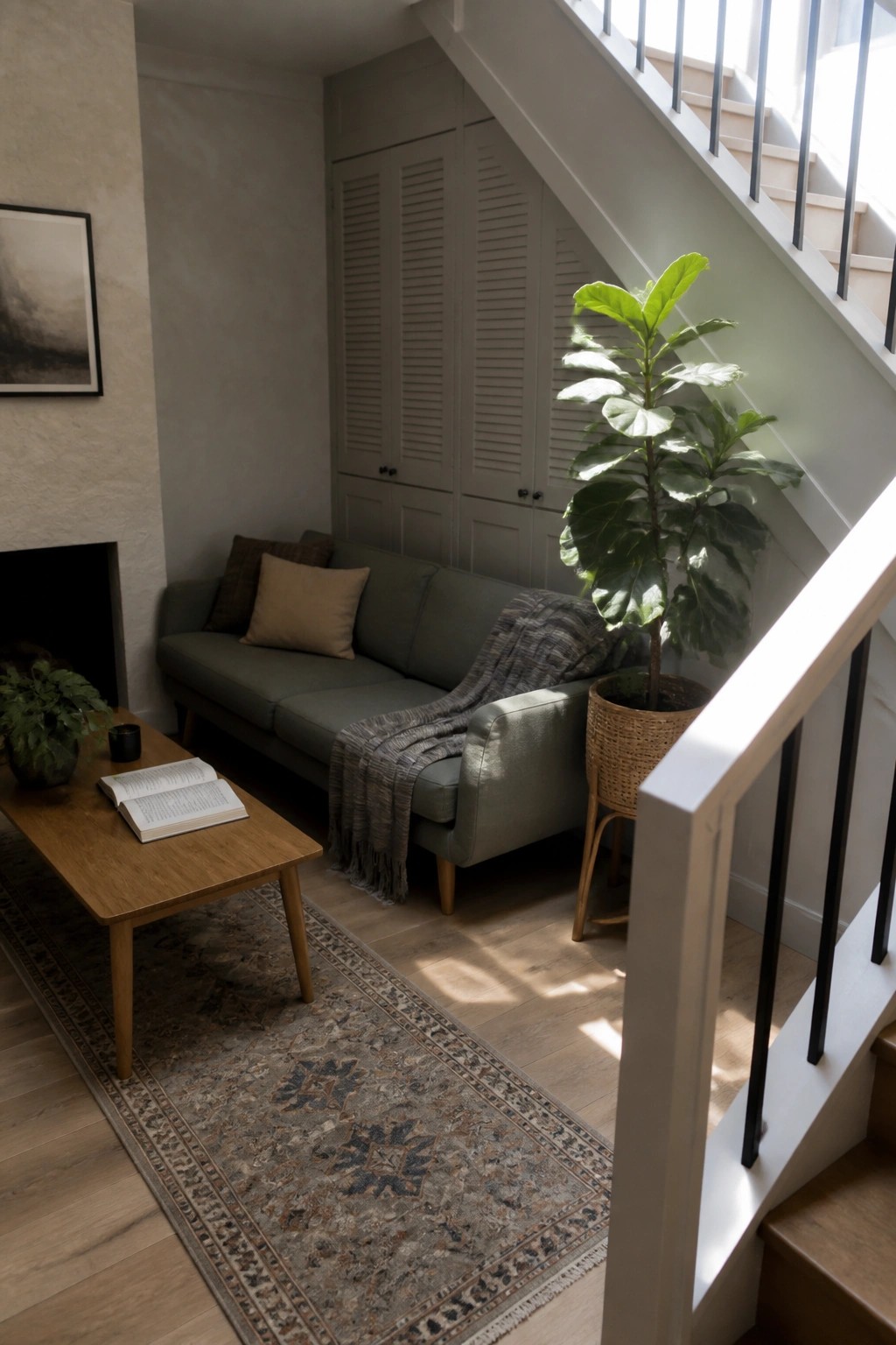 A living room corner with a gray sofa beneath built-in gray cabinets with louvered doors under a staircase, a wooden coffee table on a patterned rug, and a large potted plant.