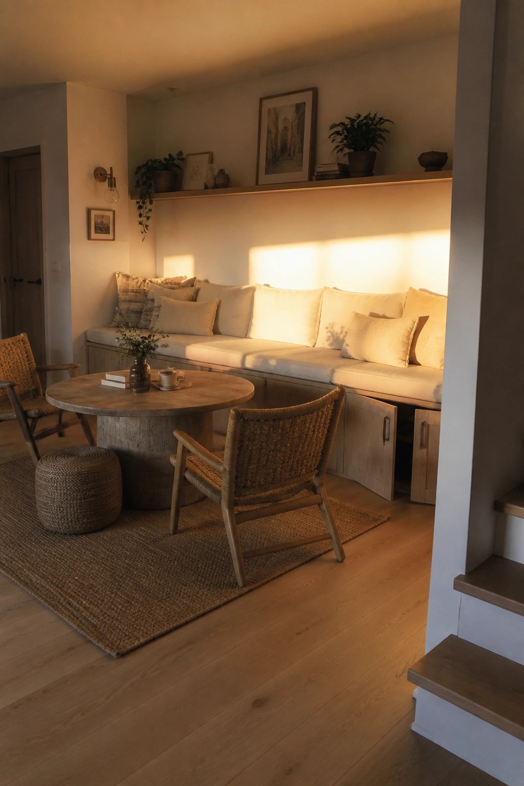 A living room with a long built-in bench topped with light cushions and pillows, featuring light wood cabinet doors below for closed storage, a round wood coffee table, and woven accent chairs on a woven rug.