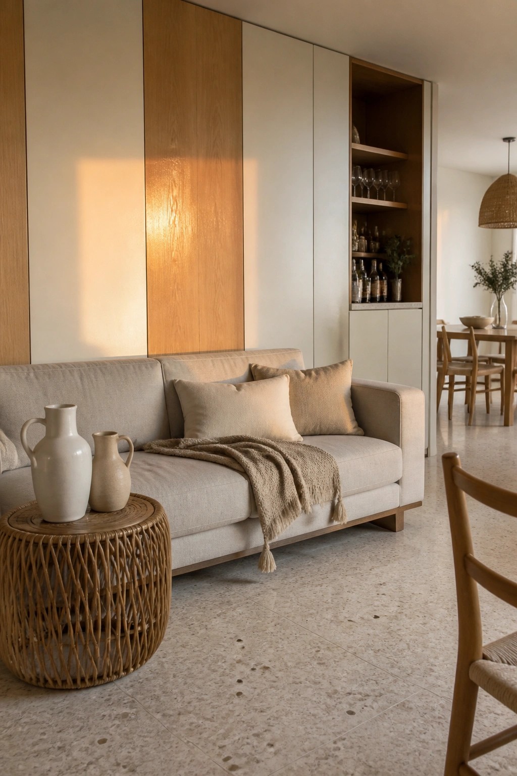 A beige sofa with pillows and a throw faces tall built-in cabinets that include both closed doors and a small open shelf area holding glassware.