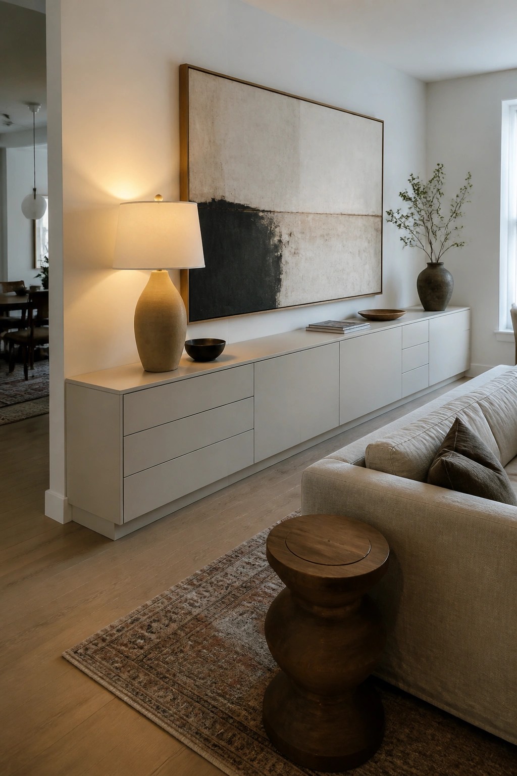 Minimalist living room with white console, abstract painting, lit lamp, and beige sofa.