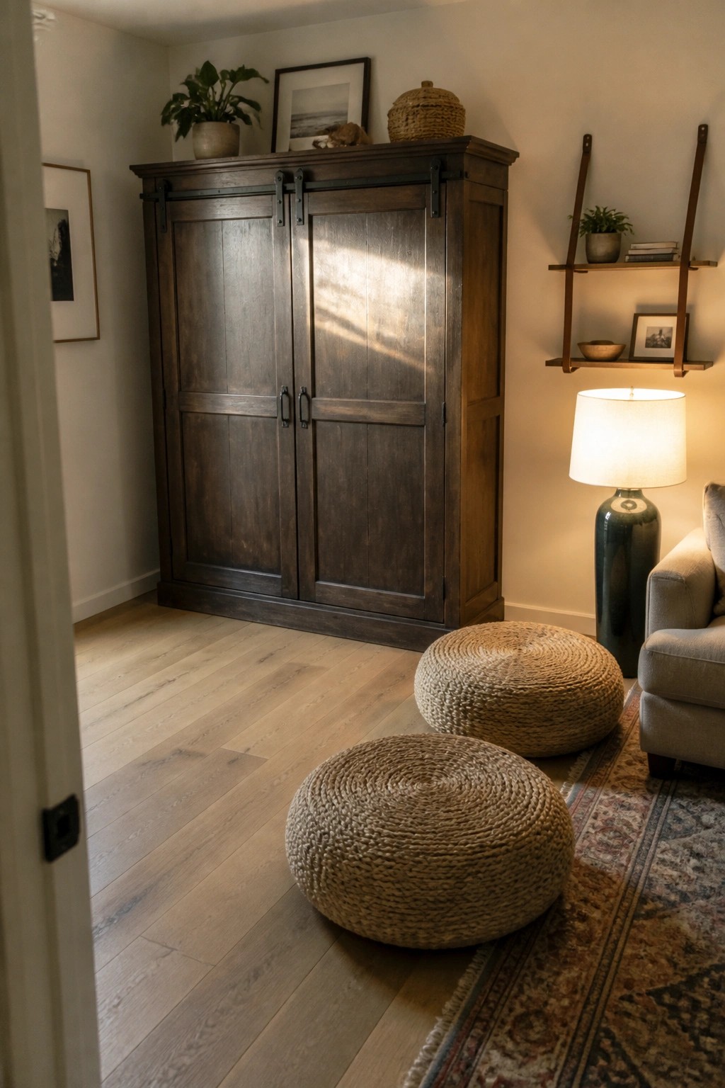 A dark wood cabinet with sliding barn doors stands against a wall beside two round woven ottomans and a lit floor lamp in a living room.