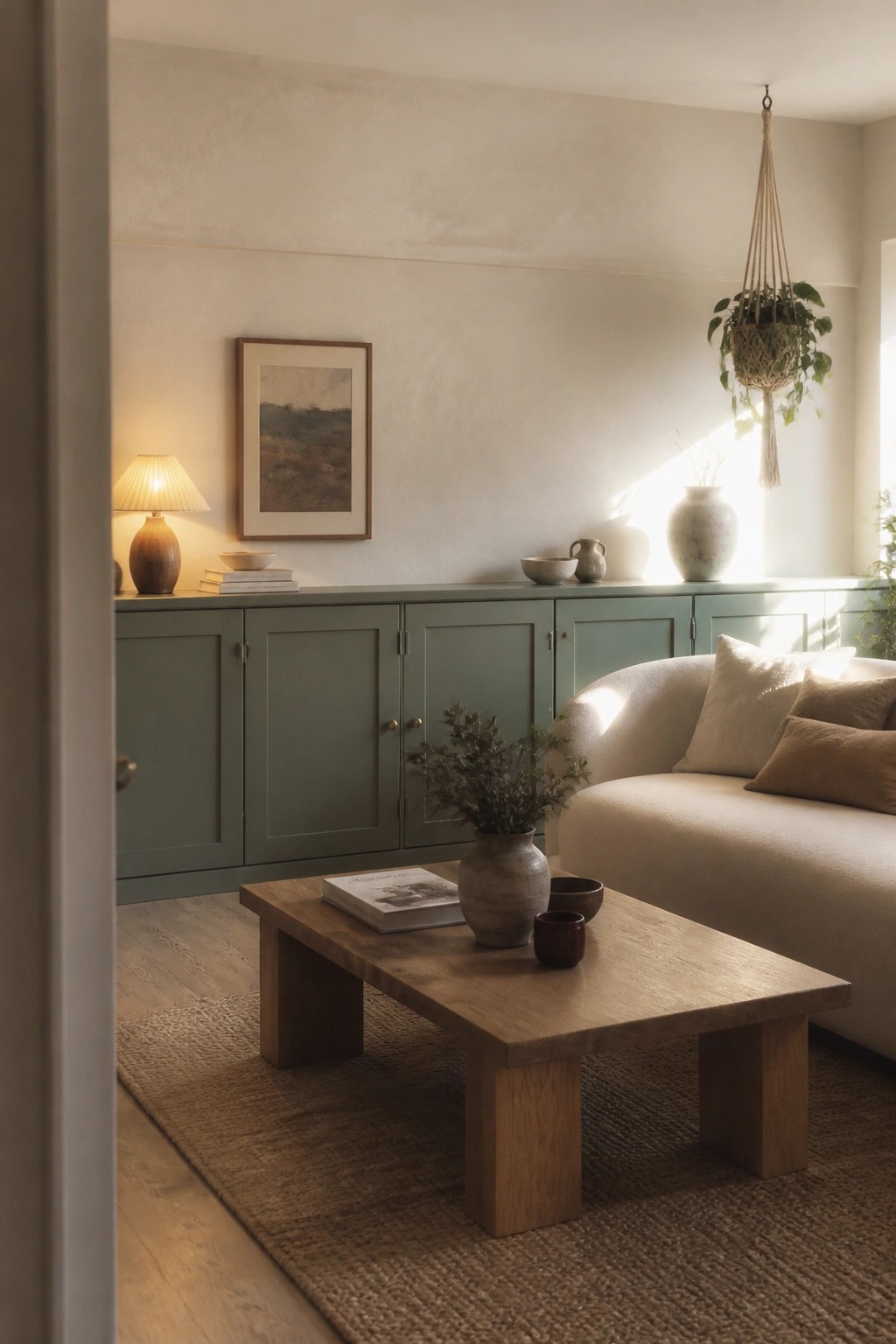Cozy living room with beige sofa, oak coffee table, green cabinets, and hanging plant.