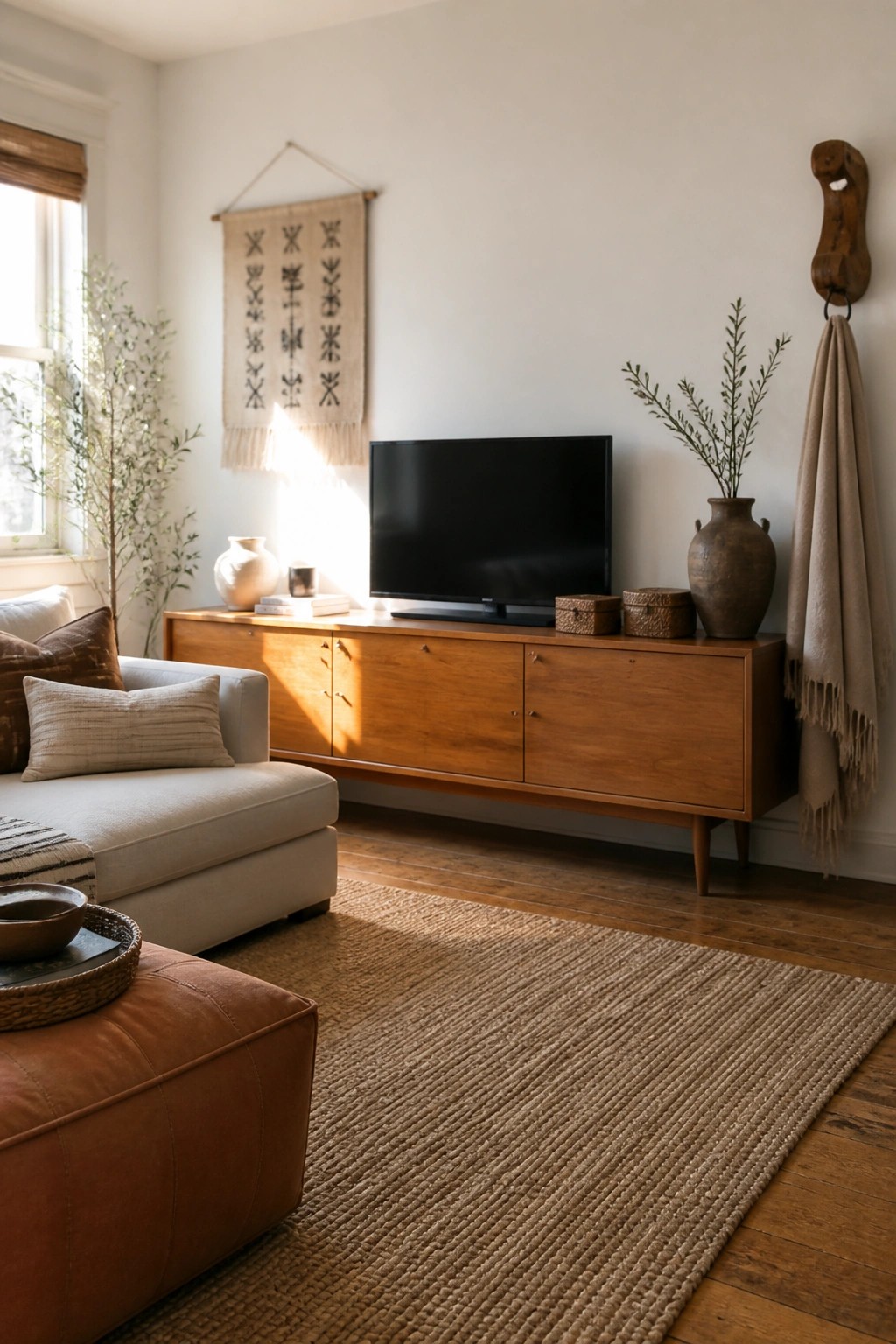 Bright living room with beige sofa, leather ottoman, wood TV console, jute rug and tapestry.