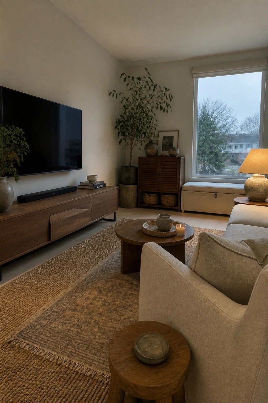 A living room with a wooden media console under a wall-mounted TV, a round coffee table on a woven rug, and a wooden cabinet beside a large window.