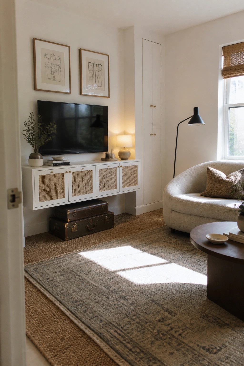 Cozy neutral living room with cane console, TV, curved armchair, and sunlit jute rugs