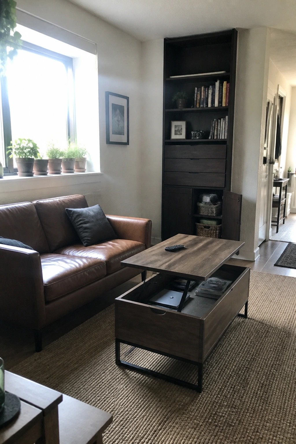 Modern living room with brown leather sofa, lift-top coffee table, and tall dark bookshelf