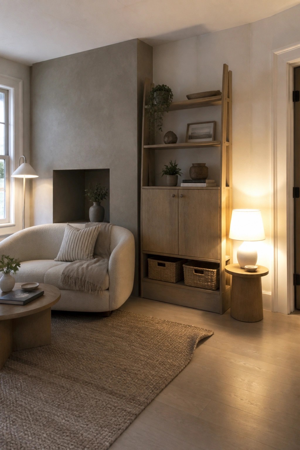 A living room corner showing a curved beige sofa, a tall light wood shelving unit with closed lower cabinets, and a woven rug on light flooring.