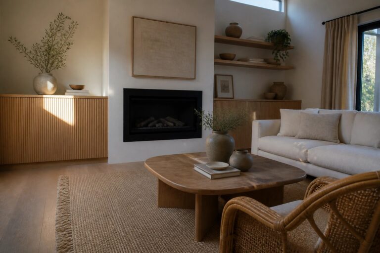 18 Clean Minimalist Modern Boho Living Room Ideas Using Closed Storage A living room featuring a built-in fireplace with surrounding light wood cabinets and vertical wood slat panels, a white sofa, oval wooden coffee table on a jute rug, and a skylight overhead.
