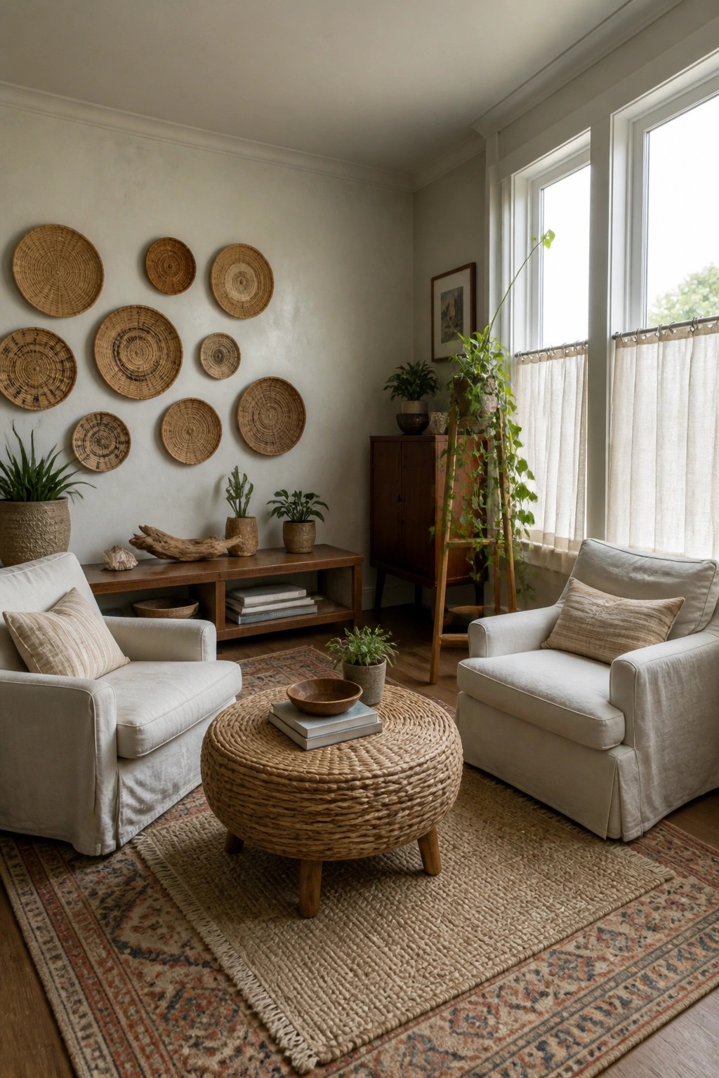 A living room featuring two light-colored armchairs, a large round woven ottoman on a patterned rug, and woven wall baskets above a wooden console.