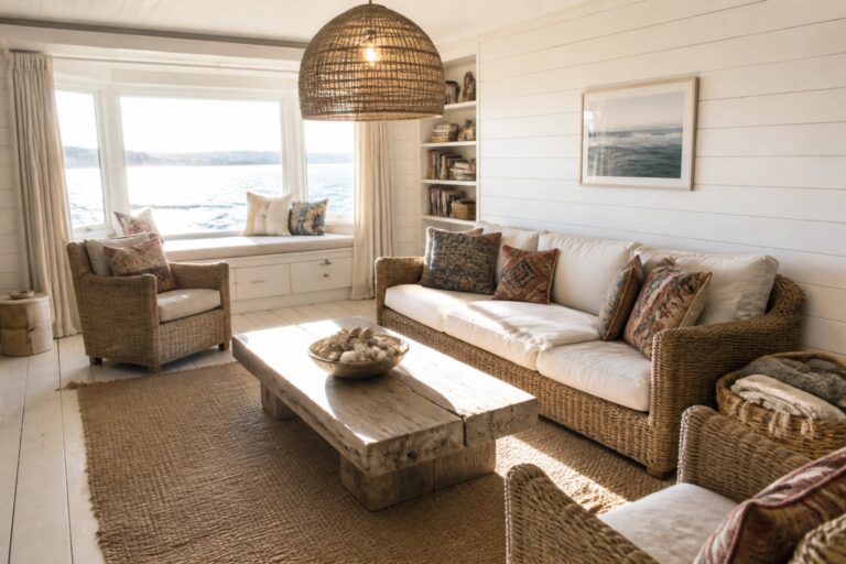 18 Coastal Boho Chic Living Room Ideas Featuring Seagrass Furniture A bright living room featuring a white slipcovered seagrass sofa, two woven armchairs, a rustic wood coffee table on a jute rug, and built-in bookshelves beside a large window.
