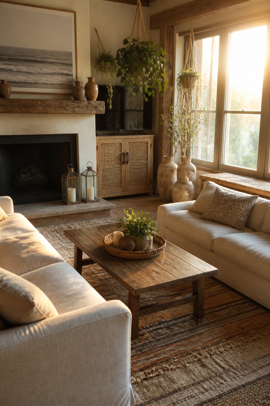 A coastal living room with two light sofas facing each other across a wooden coffee table placed on a large striped natural fiber rug, a stone fireplace on the left, and tall windows with hanging plants on the right.