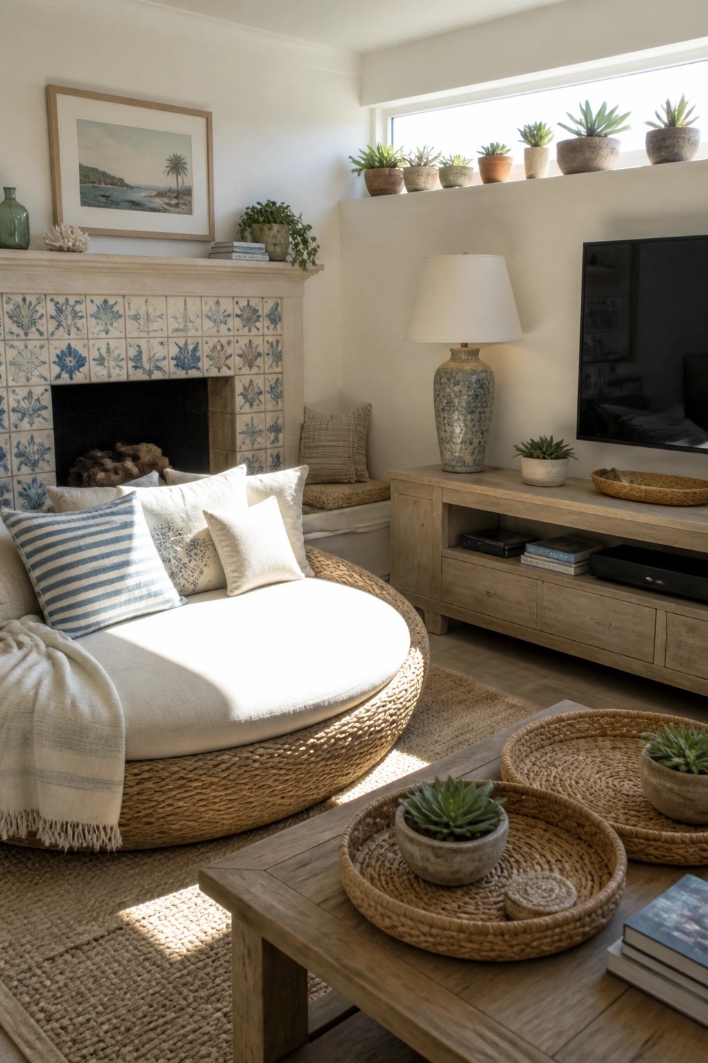 A coastal living room featuring a large round seagrass daybed positioned in front of a tiled fireplace, with a wooden coffee table and media console nearby.