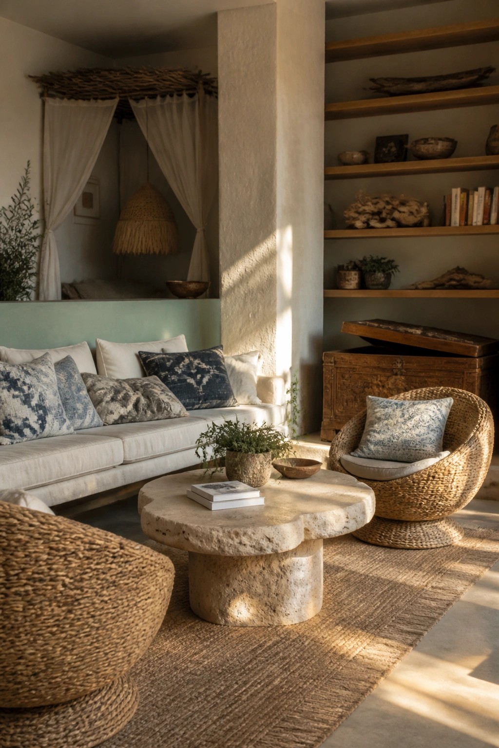 A bright living room with a stone coffee table, two round woven seagrass armchairs, a long white sofa with patterned pillows, and wooden shelves along one wall.