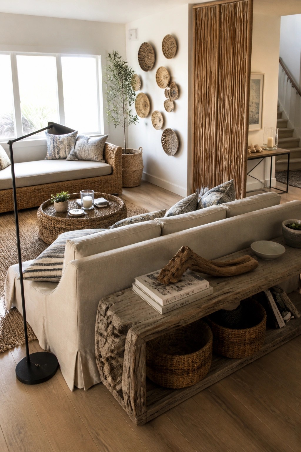 A living room featuring a beige sofa, round woven coffee table, and multiple seagrass baskets with wall decor.