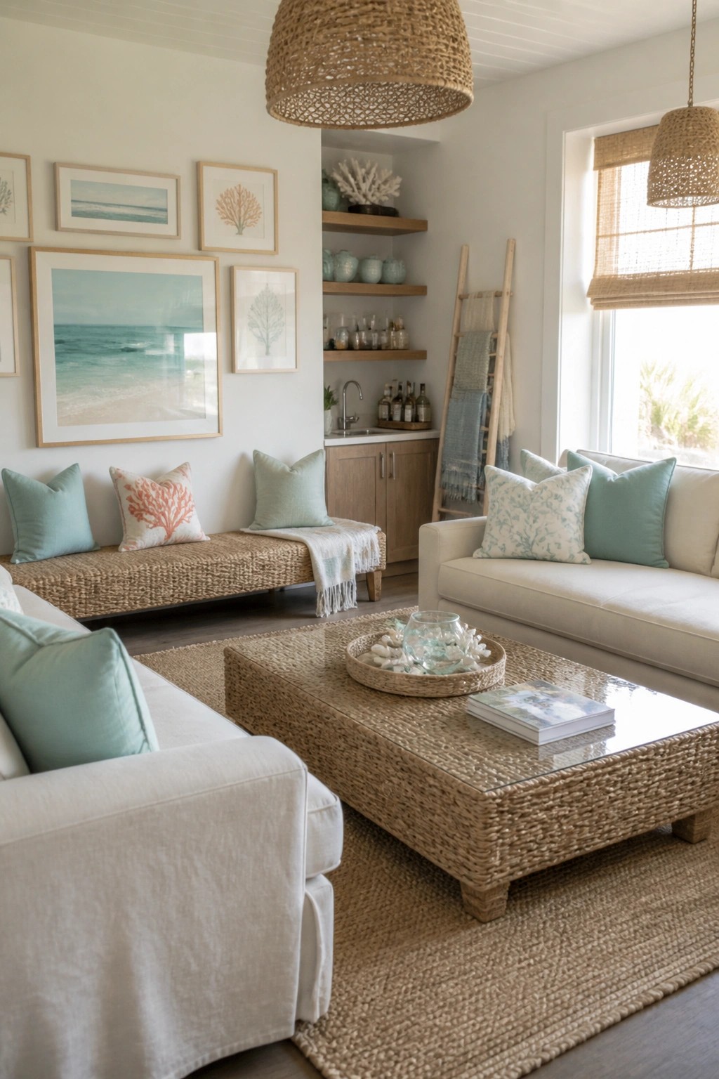 Coastal living room with white sofas, woven rattan coffee table, and ocean artwork