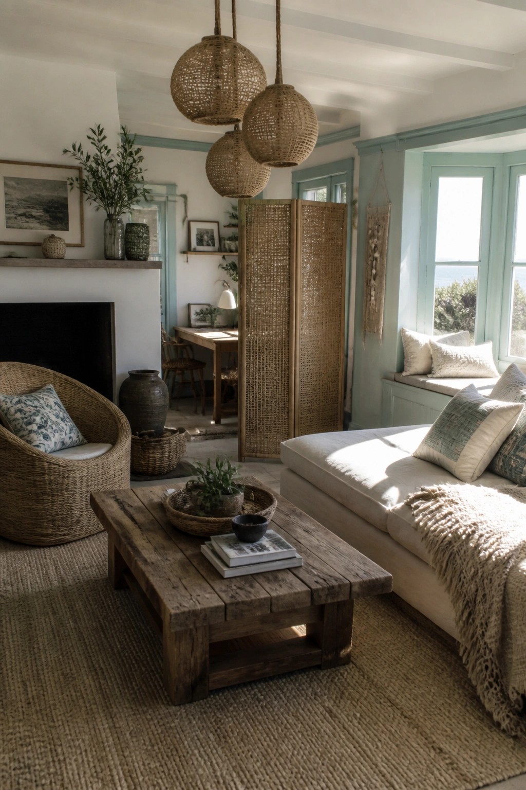 A coastal living room featuring a woven seagrass armchair, hanging rattan pendant lights, a wooden coffee table, and a large window with a view of the sea.