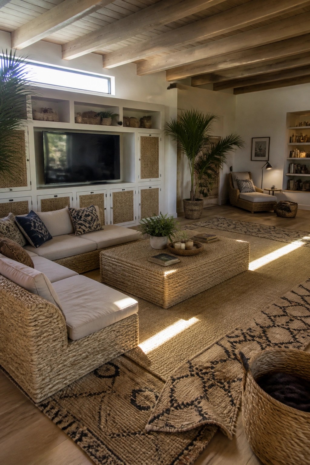 Rustic bohemian living room with woven sofa, ottoman, patterned rugs, and sunlight beams