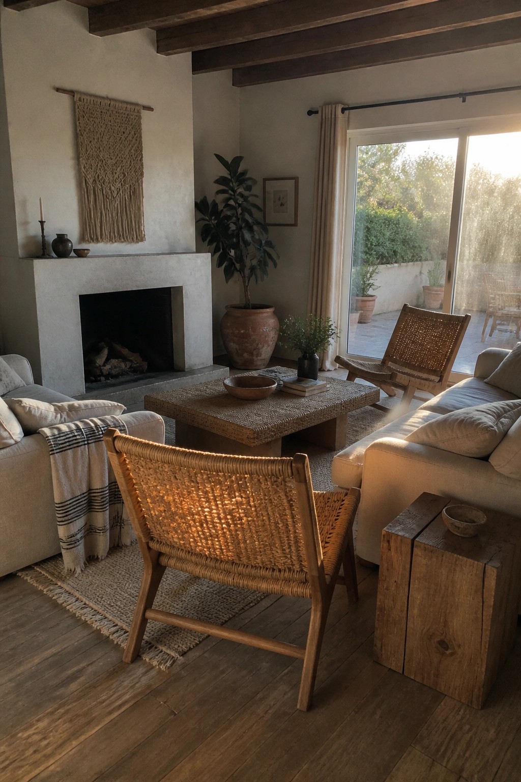 A living room interior featuring a concrete fireplace, multiple woven seagrass chairs, a woven coffee table, neutral upholstered sofas, and wood flooring.